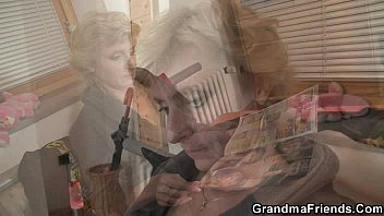 Delivery men share old skinny granny