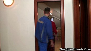 Granny offers her old body for 2 guys